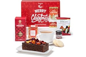 HATTIE'S GIFTS Afternoon Tea Gift Christmas Hamper - Chocolate Bar, English Tea, Shortbread, Christmas Cake, Preserve, and Peanuts, Luxury Christmas Food Hamper Box