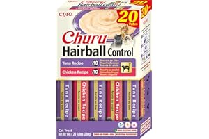 INABA Churu Hairball Snack Gatti per Prevenire le Palle di Pelo - Gusti Tonno e Pollo, 20 Stick x 14g - Cibo per Gatti con Omega 3 e 6, Taurina e Vitamina E Contro i Boli di Pelo, Snack Funzionale