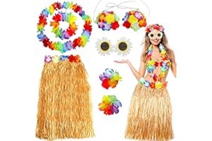 FMKLDENA 7 Stück Hawaiian Hula Set, Hawaii Party Kostüm Set mit Halskette Armbänder Stirnband Blume BH Haarblume und Sonnenbrille, Sommer Hawaii Strand Tropische Fasching Party Kostüm