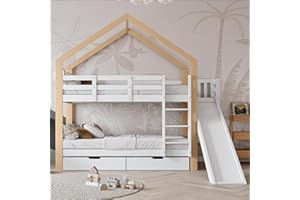 MOIMHEAR Litera con tobogán y escalera de tres niveles, cama con protección contra caídas y 2 cajones, marco de cama de madera maciza, 90 x 200 cm