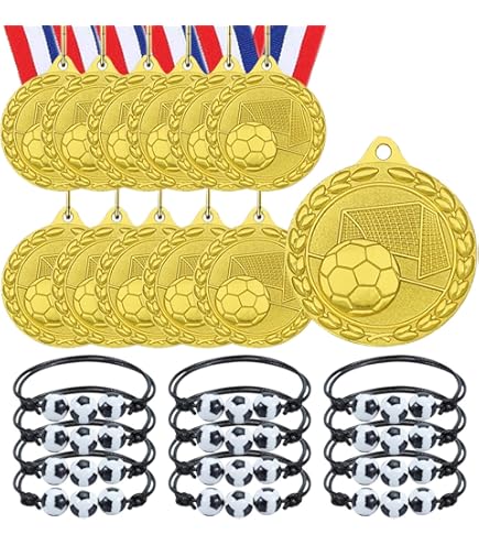 Médailles De Football Jortmrd - Lot De 12, Or, Diamètre 5 Cm, Avec Ruban Tricolore, Pour Enfants Et Adultes