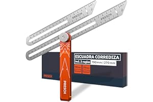 Presch Falsa Escuadra incl. regla adicional - 190mm & 270mm - Transferir ángulos de extrema precisión - Regla con función trazado fabricada en aluminio mecanizado con precisión y acero inoxidable