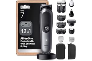 Braun Series 7 All-in-One Grooming Kit for Men, 12-in-1 MultiGroom Beard Trimmer, Hair Clipper & Body Shaver, ProBlade, AutoSense, SkinGuard, Waterproof, 120 Min Cordless Use, AIO7545, Grey