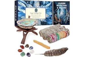 Nutgun Sage Smudge Kit - 2 White Sage Sticks, 1 Chakra Sage Stick, Palo Santo, Abalone Shell, Stand, Smudging Feather, 7 Chakra Stones & Guide ~ Sage Incense Sticks for Cleansing House & Meditation