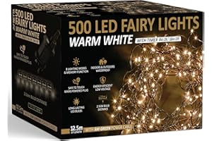 NETTA Christmas Tree Lights 500 LED 12.5m Warm White - 2.5cm Bulb Distance Fairy String Lights Plug in with Timer and Memory Functions - Suitable for Outdoor/Indoor Use