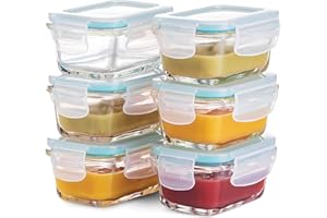 FINEDINE Superior Glass Baby Food Storage Containers 130ml(6-Pack) Airtight BPA-Free Locking Lids - Baby Glass Food Jars, Freezer, Microwave & Dishwasher Safe, Small Sauce Containers for Snacks & Dips