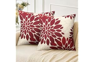 VELVHOM Federe Cuscini Divano 40x40 Rosso e Bianco, Set di 2 Copricuscini Per Divano in Lino Divani Astratta Dalia Floreale Pittura Fodere per Cuscini Camera da Letto Divano per Esterni Cuscini da Esterno