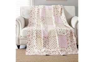 Qucover Pikowana narzuta pojedyncza różowa miękka bawełniana patchworkowa kołdra 150 x 200 cm kwiatowa pojedyncza narzuta na sofę, łóżko, kanapę