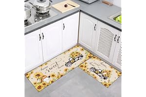comfoyar 2 Pezzi Tappetino da Cucina, Stile Checkerboard, Antiscivolo Impermeabile PVC Tappeti da Cucina, Tappetini in Piedi per il Bucato Ufficio Casa (44x75+44x120cm, Camion Girasole)
