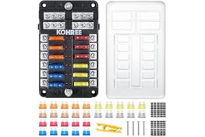 Kohree 12 Fach kfz Sicherungshalter 12 Volt, kfz Sicherungskasten 12V mit LED-Anzeige, 30 Sicherungen, Sicherungsclip, Aufkleber, Schrauben, 12V Fuse Block für Auto, Boot, Boot, Wohnmobil