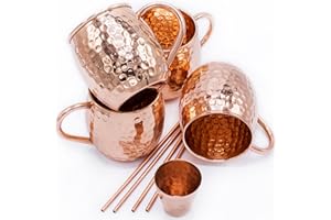 Conjunto de Vasos Moscow Mule Gadgy - Set de Tazas de Cóctel - 4 Vasos de Cobre, 4 Pajitas y un Jigger - 100% Cobre y Hecho a Mano - Regalo para Fiestas