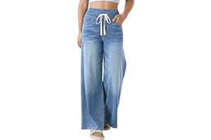 Fengbay Pull on Wide Leg Jeans for Women UK, Ladies High Waisted Stretchy Straight Drawstring Baggy Trendy Tummy Control Leg Jeans Denim Pants