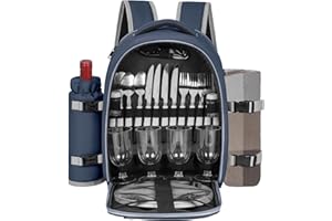 FREEAMG Sac à Dos de Pique-Nique pour 4 Personnes avec Compartiment Réfrigérants Isolés et Étanches, 30 Pièces Sac de Pique-Nique avec Ensemble et Couverture, pour Plage, Camping, Randonnée (Bleu)
