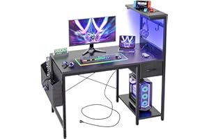 ‎BEXEVUE BEXEVUE LED Schreibtisch 100x50 cm mit Kohlefaserplatte, Gaming Tisch mit Schublade, Beutel und 2 Kopfhörer-Haken, computertisch mit Steckdosen, Schwarz