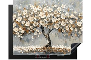 KitchenYeah© Copertura Tappetino Piano Induzione 65x52 cm Cucina Coprifornelli Protezione per Piano Induzione Albero della vita - Oro - Bianco