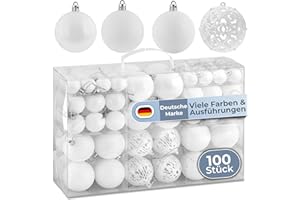 ‎COSIA cosia Weihnachtskugeln Weiß Set 50 & 100 - Weihnachtskugeln Kunststoff in vielen Farben & Größen mit vormontierten Schlaufen - 100 Christbaumkugeln Kunststoff - Weihnachtsbaum Kugeln