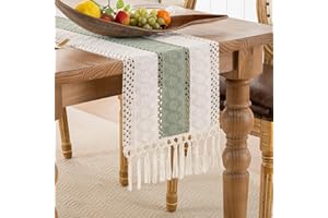 DAKTOU Camino de Mesa Moderno Boho Verde Salvia Algodón Lino, Camino Mesa Rústico Macramé Borla Cocina Comedor Lavable, para Vacaciones Cocina Comedor Café 30 x 180 cm