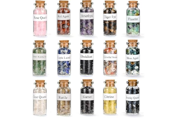 15Pcs Crystals Gemstone Bottles Set, Healing Crystal Tumbled Stones Collection Kit Natural Quartz Gravel Wishing Bottle, Reiki, Healing, Meditation