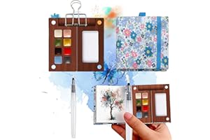Yamobi Mini Malkasten Aquarell Set, Portable Watercolor Palette Set mit Skizzenbuch, Binder Clips, Watercolor Pens, Holz, Tragbare Nano Palette für Aquarell