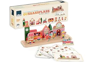 Vilac - Oussassplass Die Stadt – Ingela P. Arrhenius – 9 Teile aus Holz + 60 Spielkarten mit skalierbaren Schwierigkeitsstufen – Lernspiele für Kinder aus Holz – ab 3 Jahren – 7627