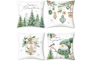 Bonhause Świąteczne poszewki na poduszki 45 x 45 cm, bałwan sosnowe, bombki świąteczne, płatki śniegu, zielone, dekoracyjne poszewki na poduszki na sofę, łóżko, do domu, na zimę, wakacje, dekoracja