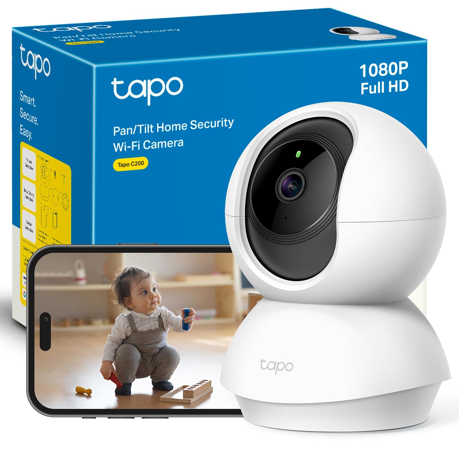 Tapo C200 - Cámara de Vigilancia WiFi Interior 360º, 1080p, Detección IA | Detección Movimiento, Personas y Llanto de Bebé. Visión Nocturna. Alarma Luz y Sonido. Almacenamiento Local o Nube. App Tapo.