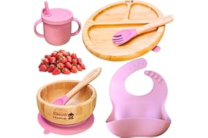 Set prima pappa svezzamento per bambini in bambù ecologico e silicone senza BPA - Piatto a ventosa, ciotola, forchetta, cucchiaio, bavaglino e tazza con cannuccia in silicone. Rosa - Claudi Home.