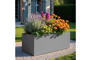 IDEALIST 80cm Plant Pot | Grey Reinforced Stone Large Trough Planter | Rectangular Garden Planters with Drainage Holes L80 W37 H37.5 cm, 79 litres