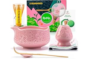 ‎TEANAGOO TEANAGOO Zestaw 7 różowych trzepaczek do matcha z motywem kwiatu wiśni, kompletny zestaw ceremonii, ceramiczna miska do chawan z wylewką, trzepaczką i akcesoriami, tradycyjny zestaw do herbaty matcha