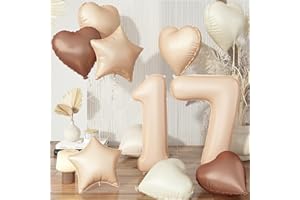 GOVPY Folienballon 17. Geburtstag, Beige Zahl 17 Ballon Cremefarbene Hochzeit Deko, Nude Creme Braun Helium Stern Ballon Neutraler Herz Luftballons für Mädchen 17 Geburtstagsdeko Jubiläum Party Dekoration