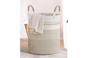 SaiXuan Cesta Ropa Sucia Trenzado de Algodón,Cesta de Cuerda de Algodón Bicolor con Asas, 50L de Gran Capacidad para Dormitorio, Baño, Juguetes y Almacenamiento, Elegante y Duradera, 37x47cm