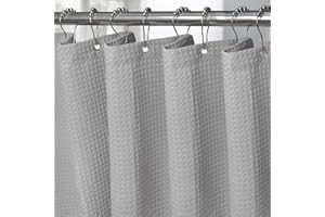 VANZAVANZU Cortina de Ducha para Baño Impermeable con Ganchos de Metal Cortina de Ducha de Tela Waffle Cortina de Baño Resistente y Antimoho para Bañera o Cabina - 152 x 182 cm (Gris Claro)