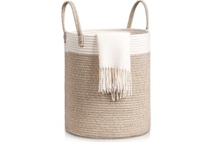 Tesmien Laundry Basket, Toy Storage Basket for Kids Baby, Large Foldable Woven Storage Baskets Cotton Rope Blanket Baskets with Handle,Organiser Nursery Decor Laundry Hamper, Khaki+White (35x40cm)