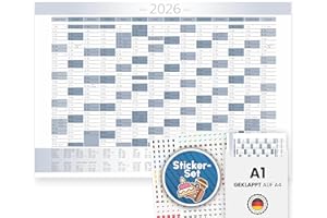 E&G KLASSE Kalendarz roczny XXL 2026 + styczeń 2027 r., planer roczny w formacie A1, w prostym niebiesko-białym wzornictwie z wakacjami i świętami, kalendarz ścienny, terminarz ścienny, terminarz składany, w