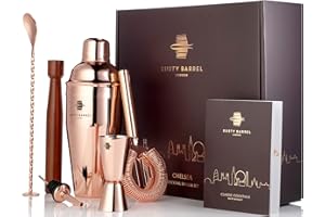Rusty Barrel Cocktail Kit Modelo Chelsea - Gran Coctelera Manhattan Oro Rosa de Acero Inoxidable, Mortero, Colador, Vaso Medidor, Vertedor, Cuchara y Libro Recetas - Presentada en Lujosa Caja Regalo