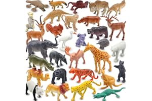 Pinowu Realistic Mini Wild Zoo Animals Figurines Toys 32 Pcs Gift Set For Education and Party Favors, Plastic Forest Safari Animals Lion, Hippo, Tiger, Bear, Elephant, Giraffe etc