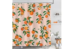 Bonhause Pomarańczowa zasłona prysznicowa 180 x 180 cm owoce cytrusowe zielone liście zasłona łazienkowa wodoodporna odporna na pleśń i pleśń tkanina poliestrowa zasłona łazienkowa z 12 haczykami