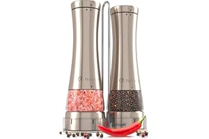 ISOTTCOM Juego de molinillo eléctrico de sal y pimienta con soporte, juego de 2 mejores molinillos electrónicos de acero inoxidable | Alimentado por batería molinillos de sal y pimienta con luz