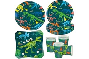 OMZSXK Dino Dinosaurier Partygeschirr für 16 Gäste,Dinosaurier Dino Partyteller Geburtstag Geschirr,Jura Party Deko Dinosaurier Dino Pappteller Becher Servietten für Kindergeburtstag Deko