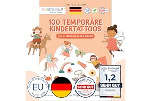 PAPIERDRACHEN Juego de 100 tatuajes para pegar hechos en Alemania, para niños, con diseño de criaturas fantásticas y otros diseños para niños, veganos, paquete de 16 unidades