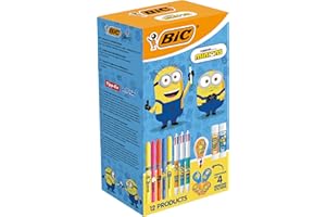 BIC Minions Kit de Papeterie Édition Limitée - 4 Couleurs Stylos-Bille Pointe Moyenne (1,0 mm)/Surligneurs Pointe Biseautée/Souris Correctrice 6 m/Bâtons de Colle/Autocollants - Boîte de 12