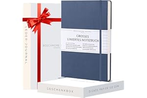 ‎BEECHMORE BOOKS Beechmore Books Notizbuch liniert - XL A4, Blau I Premium Hardcover Journal Buch aus veganem Leder, 120gsm creme Papier, Geschenkbox, für Schriftsteller, Journalisten, Meetings & Studenten