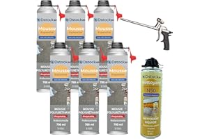 DSTOCK60 – Pack de 6 mousses expansives polyuréthanes projetables 700 ml + 1 pistolet + 1 nettoyant mousse - compatible multi-surfaces - application facile et rapide