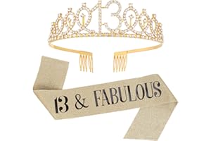 SUSSURRO "13 and Fabulous Sash and Rhinestone Tiara Set,13th Birthday Gifts Birthday Sash for Women Birthday Party Supplies( Gold)
