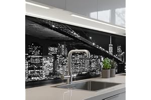 KitchenYeah© Antisalpicaduras Cocina 80x150 cm Adhesivo Salpicadero Protector de Salpicaduras Panel Nueva York - Brooklyn - Puente - Blanco y Negro