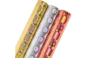 Holijolly Papier d'emballage en aluminium holographique - Mini rouleau - Imprimé flocon de neige argenté/fleur dorée/champagne pour Noël, vacances, mariage, anniversaire - 43,2 305 cm - 3 rouleaux