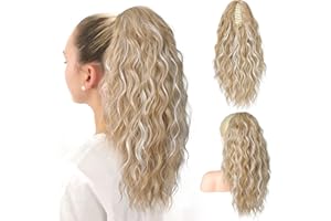 PORSMEER Pferdeschwanz Haarteil Ponytail Extensions blonde Strähnchen mit klammer 45cm Lange Gewellte Lockige Haarverlängerung Zopf Clip in Klaue Natürlich Kunsthaar Haarteil für Frauen,18zoll