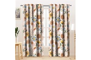Kzzfqxb 2 Panels 107x160cm Floral Curtains, Brown White Blue Yellow Flowers Wild Daisy Green Leaves Window Drapes for Living Room Dining Room Bedroom Botanical Decoration