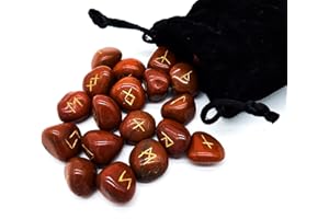 ‎AB VIKING CRAFTS Edelstein Runen Set Elder Futhark Heilstein Roter Jaspis 25 Steine ca. 20 mm im Samtbeutel | Mythologie Wikinger Esoterik Meditation Magie (Roter Jaspis goldene Gravur)