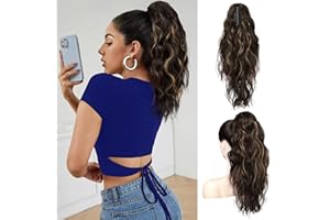 FLUFYMOOZ Ponytail Extension, 18 Inch Claw Clip Ponytail Extension, Wavy Curly Claw Clip in Ponytail Hair Extensions, Synthetic Hairpiece for Women (Chocolate Brown with Blonde Highlights)